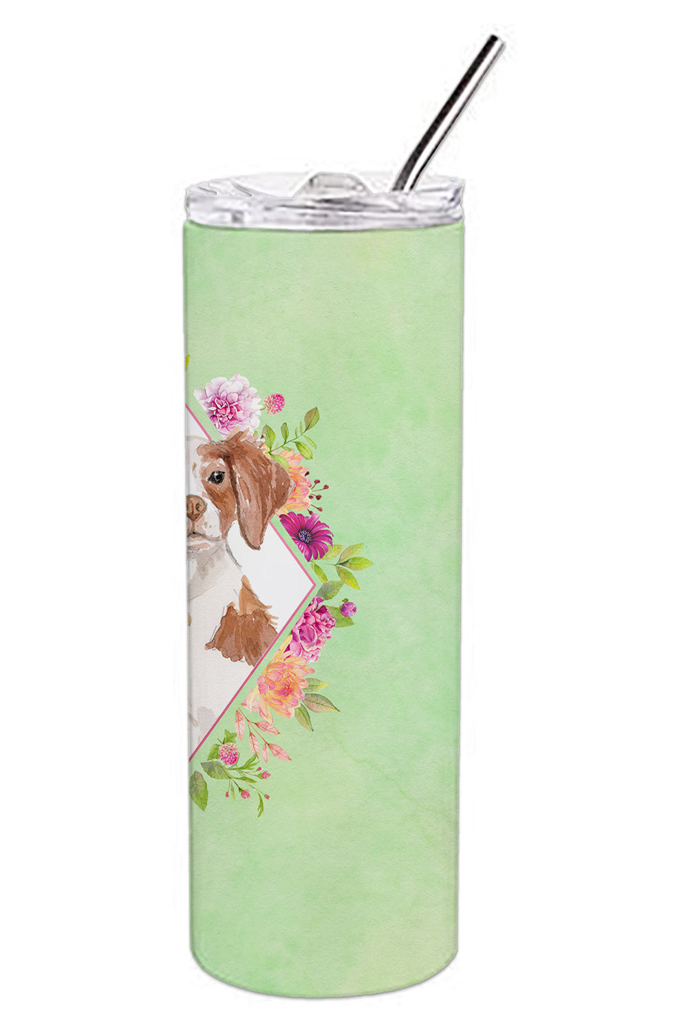 Brittany Spaniel Green Flowers Double Walled Stainless Steel 20 oz Skinny Tumbler CK4414TBL20 by Caroline's Treasures