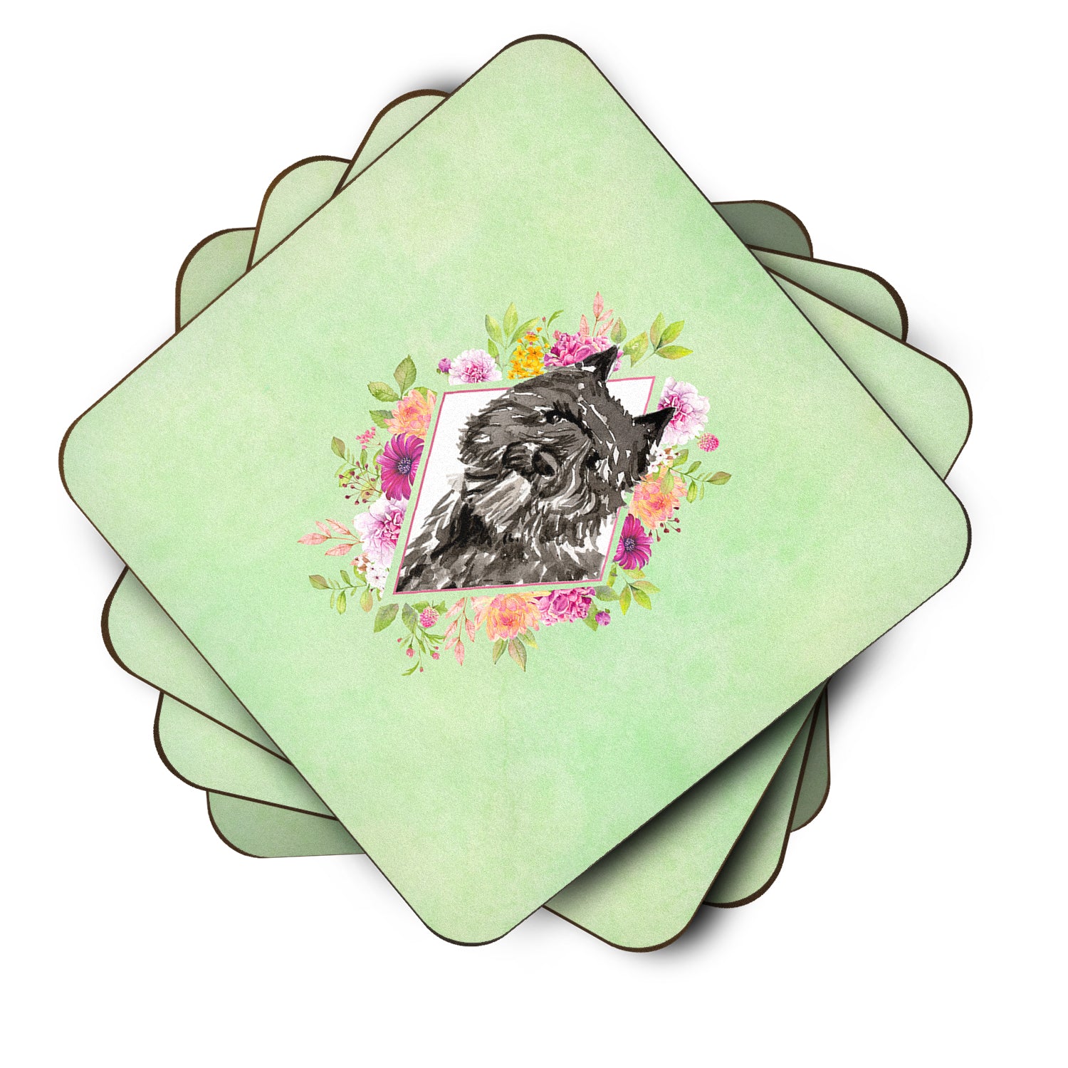 Set of 4 Bouvier des Flandres Green Flowers Foam Coasters Set of 4 CK4416FC - the-store.com