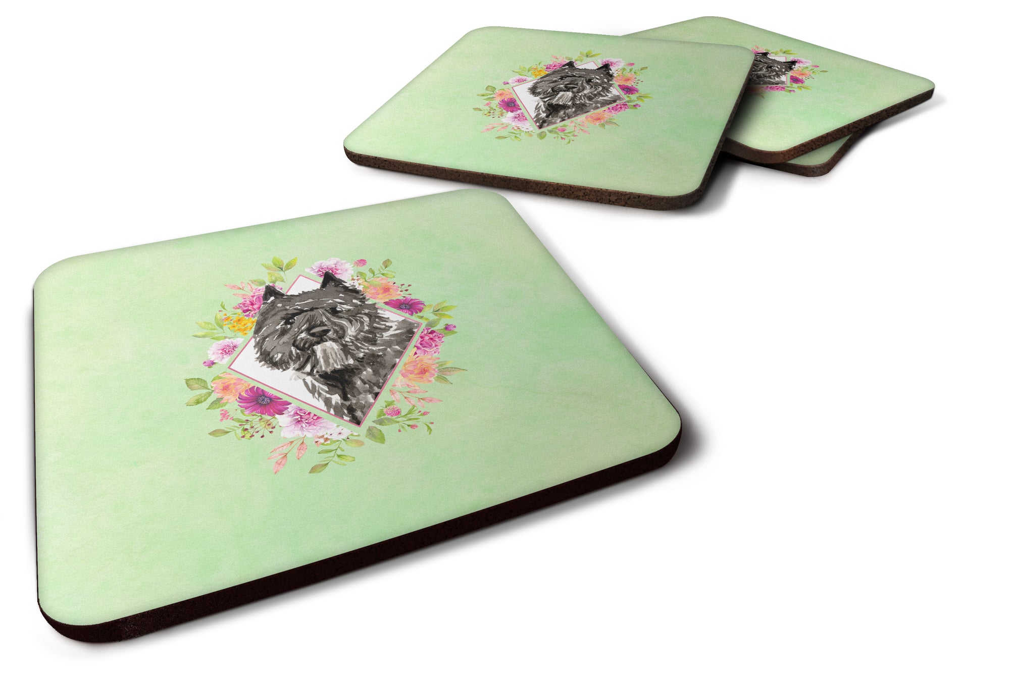 Set of 4 Bouvier des Flandres Green Flowers Foam Coasters Set of 4 CK4416FC - the-store.com