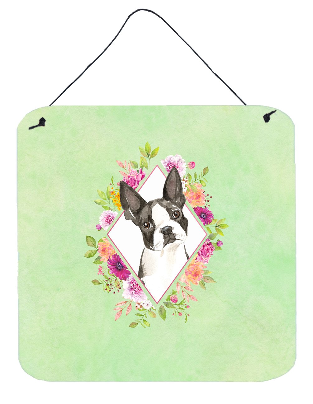 Boston Terrier Green Flowers Wall or Door Hanging Prints CK4417DS66 by Caroline&#39;s Treasures