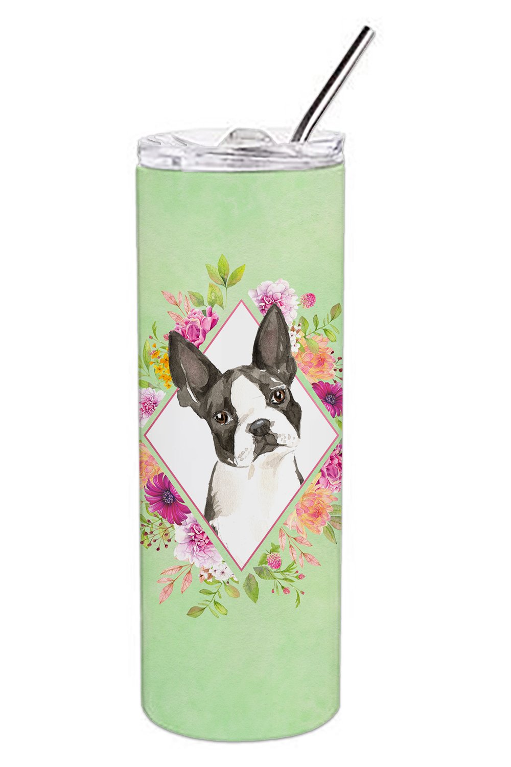 Boston Terrier Green Flowers Double Walled Stainless Steel 20 oz Skinny Tumbler CK4417TBL20 by Caroline's Treasures