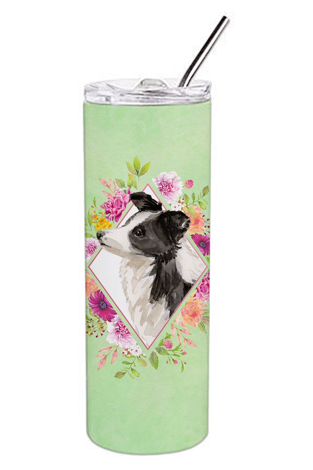 Border Collie Green Flowers Double Walled Stainless Steel 20 oz Skinny Tumbler CK4418TBL20 by Caroline's Treasures