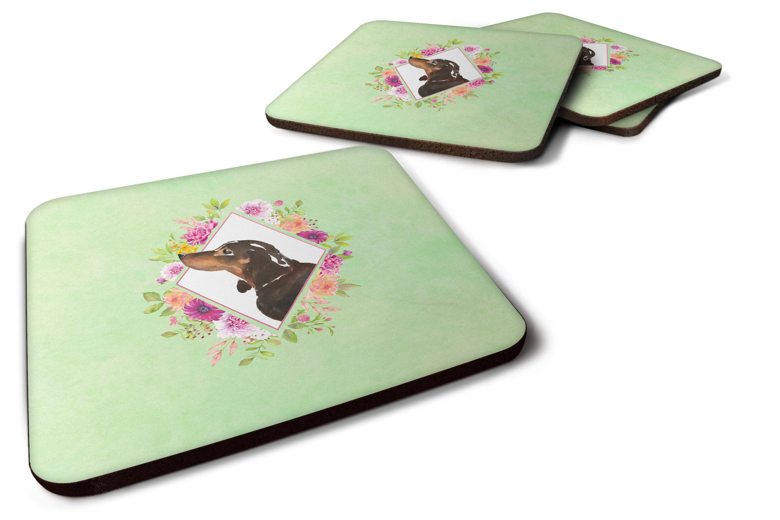 Set of 4 Black and Tan Dachshund Green Flowers Foam Coasters Set of 4 CK4422FC - the-store.com