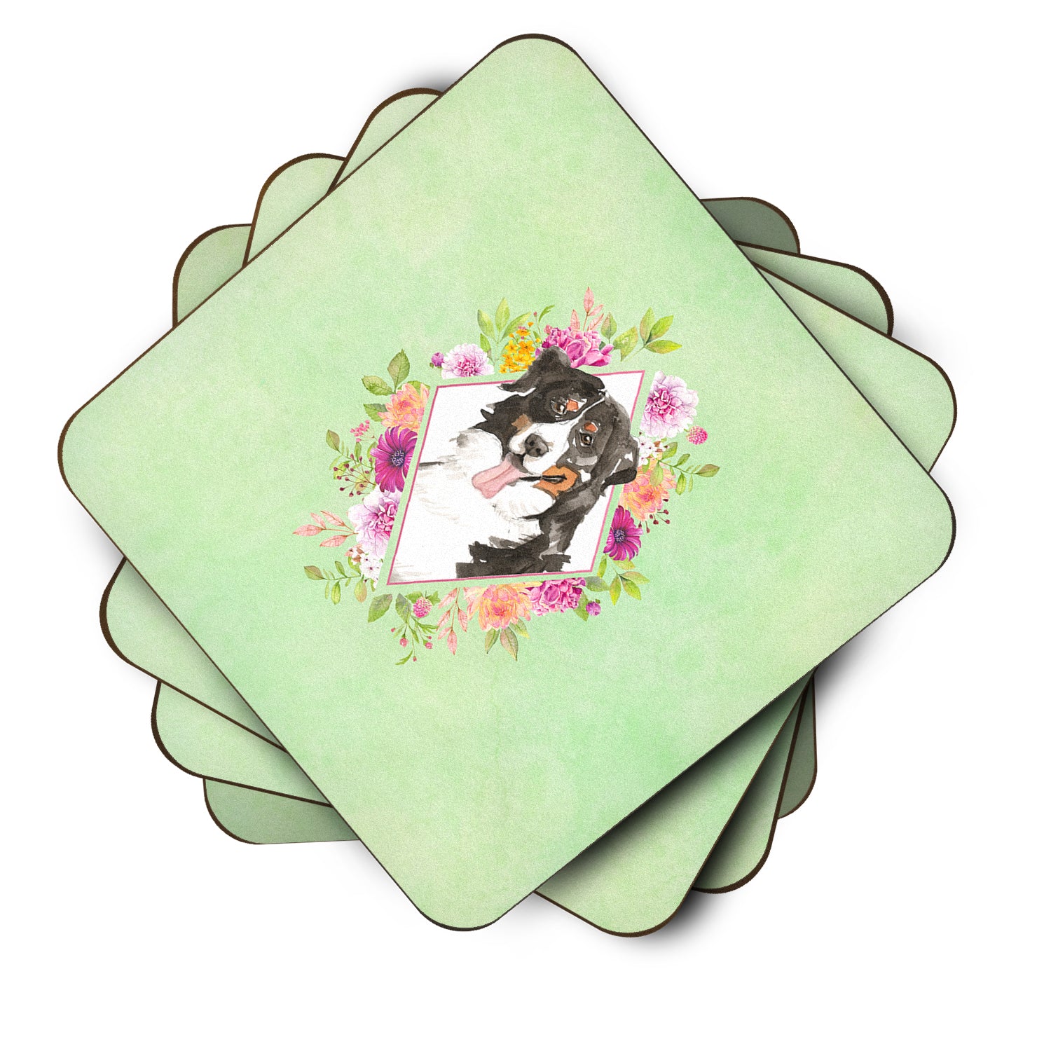 Set of 4 Bernese Mountain Dog Green Flowers Foam Coasters Set of 4 CK4424FC - the-store.com