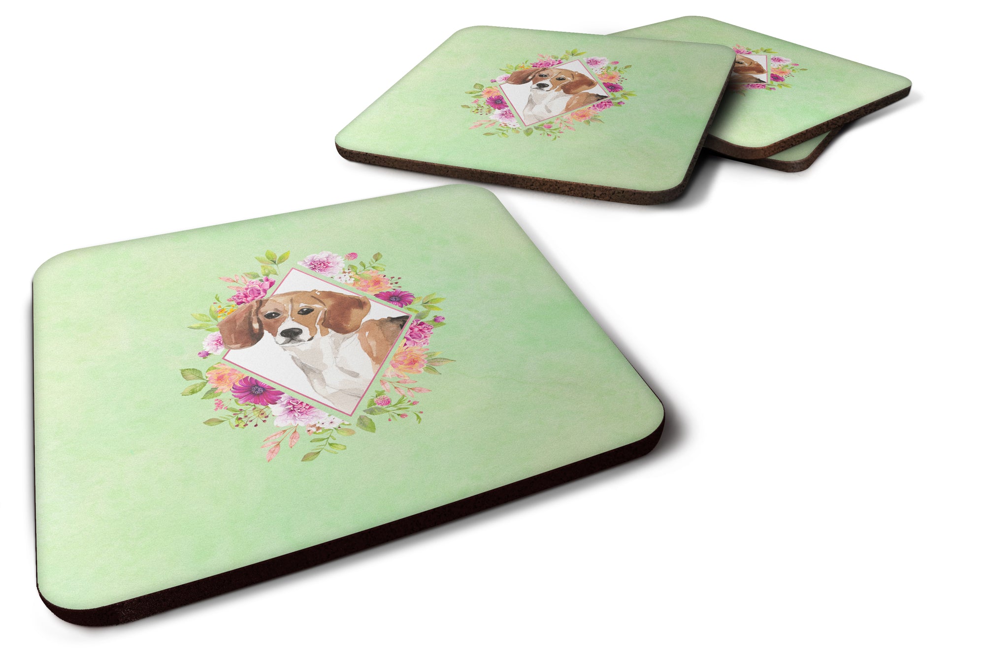 Set of 4 Beagle Green Flowers Foam Coasters Set of 4 CK4425FC - the-store.com