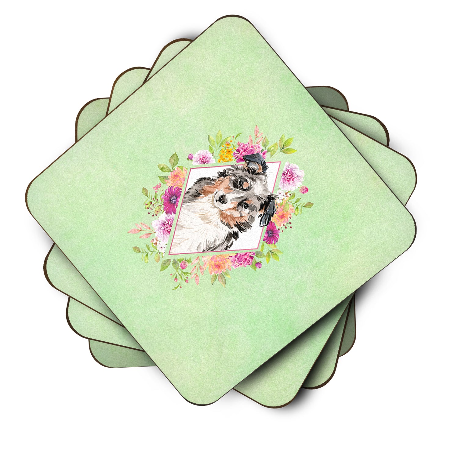 Set of 4 Australian Shepherd Green Flowers Foam Coasters Set of 4 CK4427FC - the-store.com