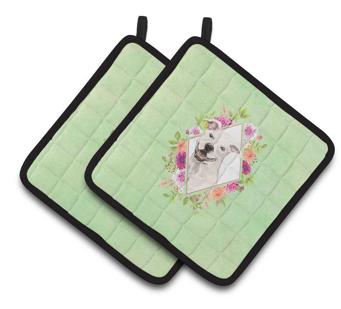 White Pit Bull Terrier Green Flowers Pair of Pot Holders CK4428PTHD by Caroline's Treasures