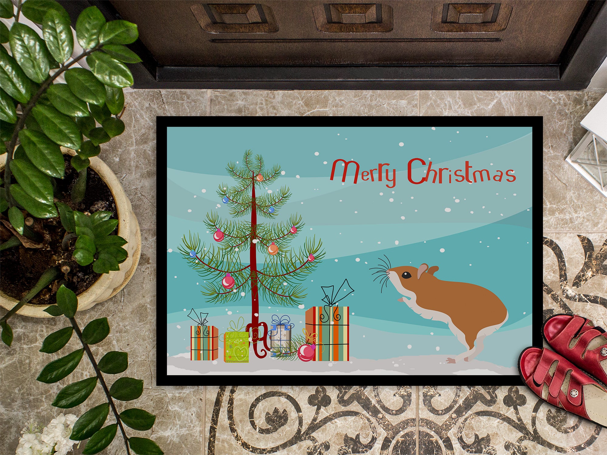 White Legged Hamster Merry Christmas Indoor or Outdoor Mat 18x27 CK4458MAT - the-store.com