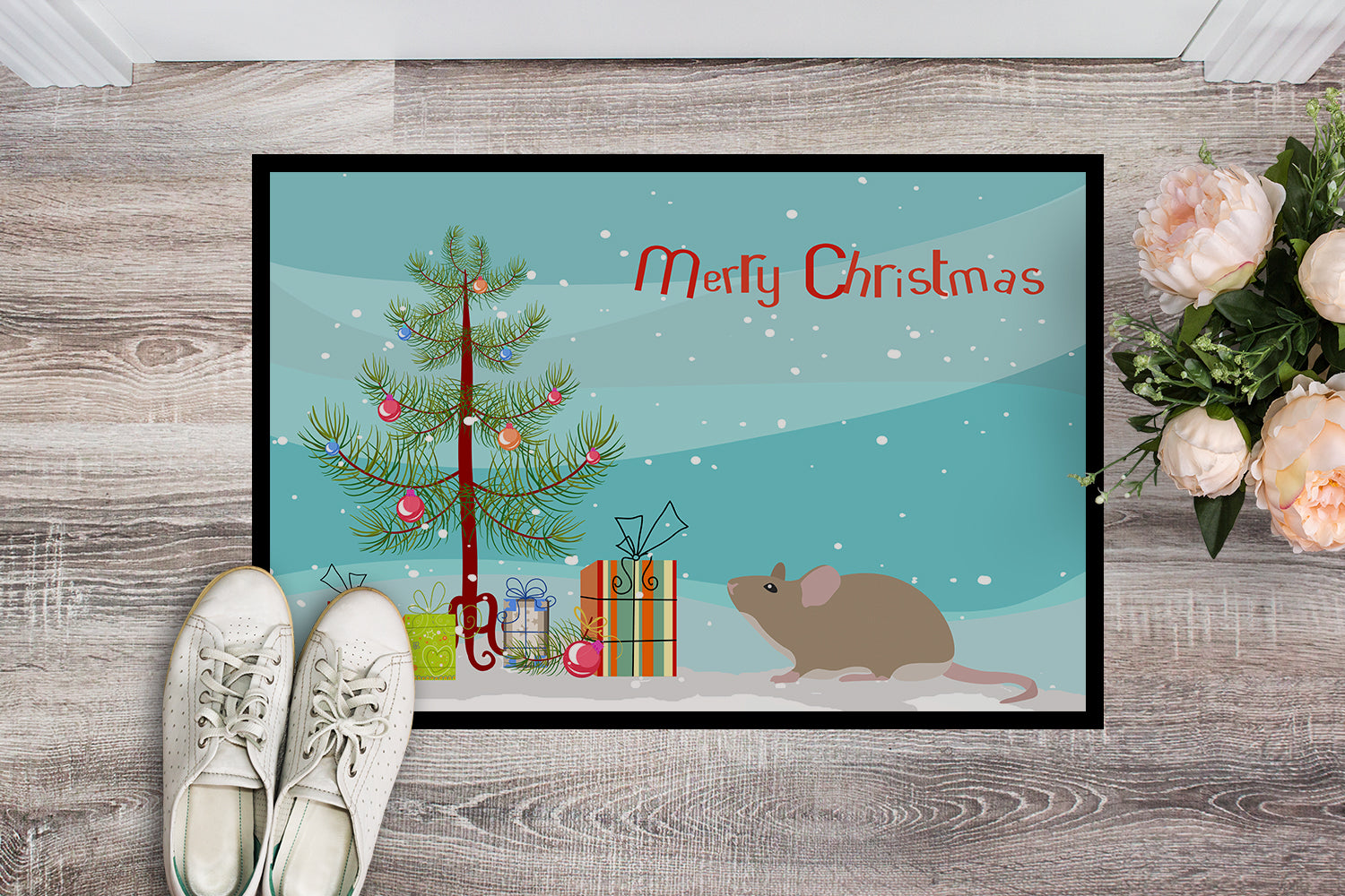 Grey Domestic Mouse Merry Christmas Indoor or Outdoor Mat 18x27 CK4462MAT - the-store.com