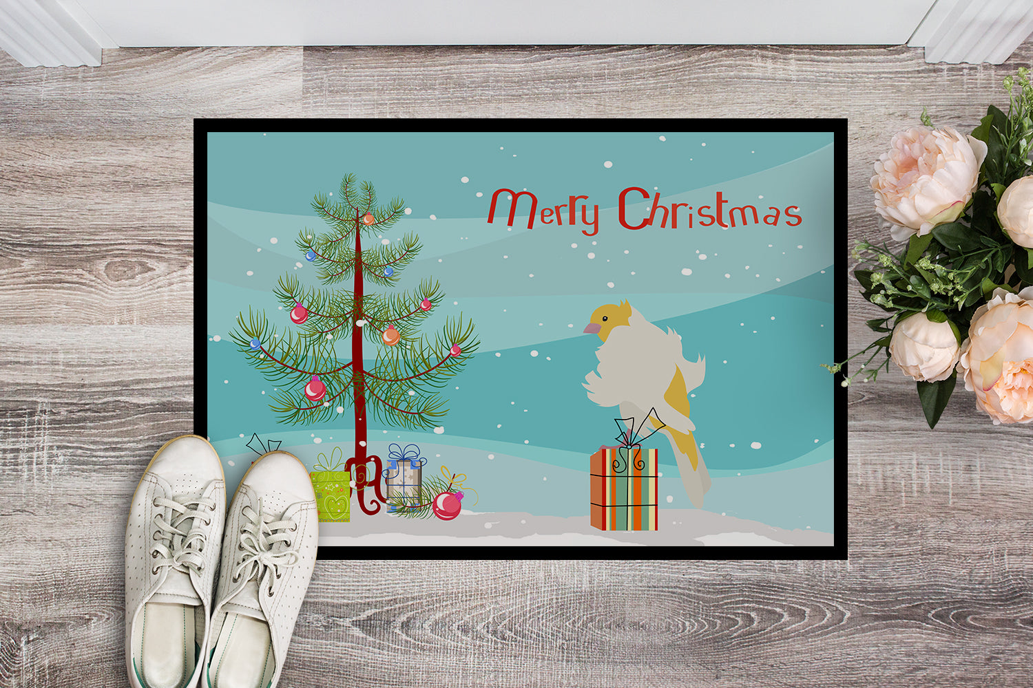 Parisian Trumpeter Canary Merry Christmas Indoor or Outdoor Mat 18x27 CK4484MAT - the-store.com