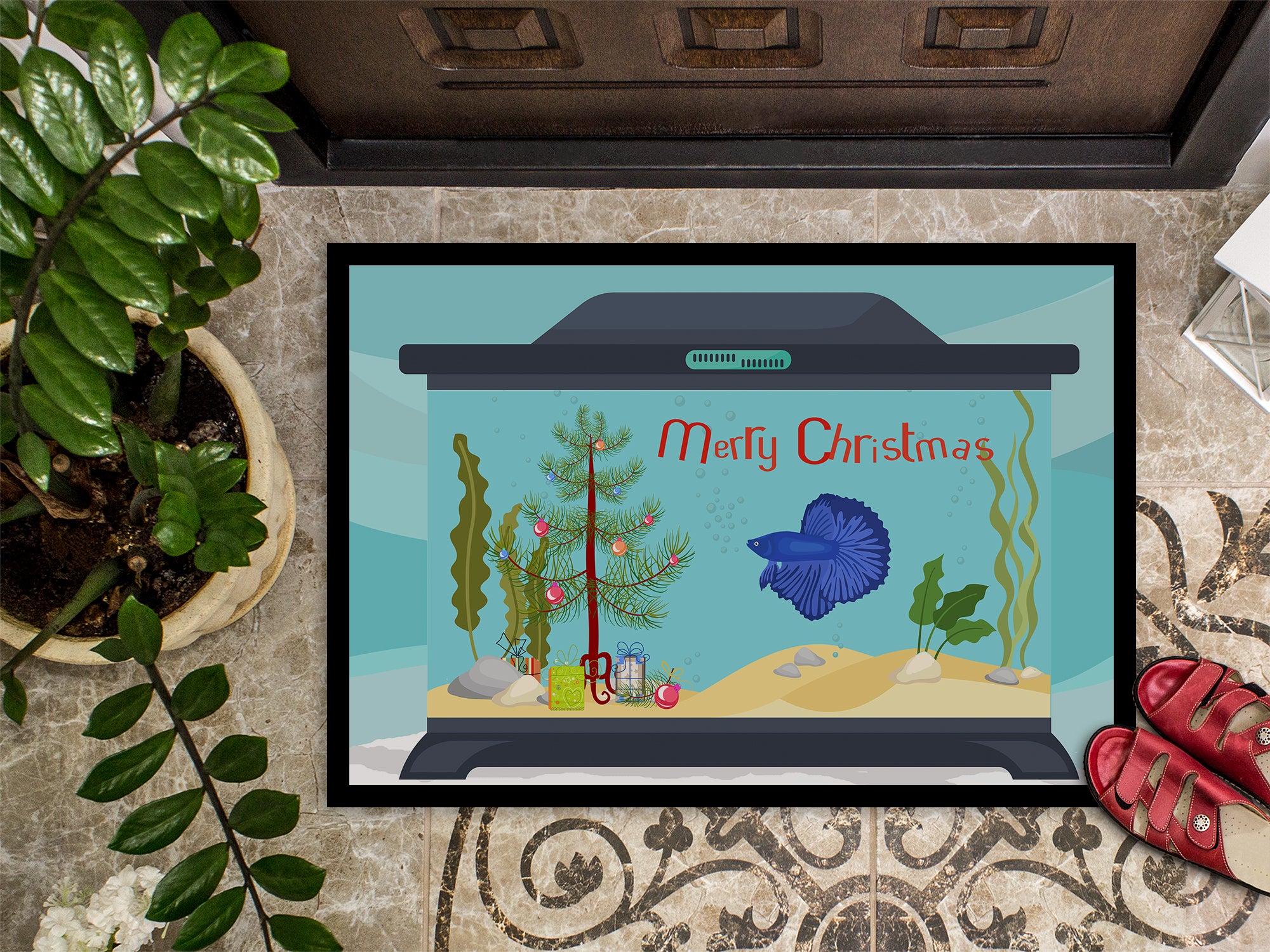 Delta Tail Betta Fish Merry Christmas Indoor or Outdoor Mat 18x27 CK4507MAT - the-store.com