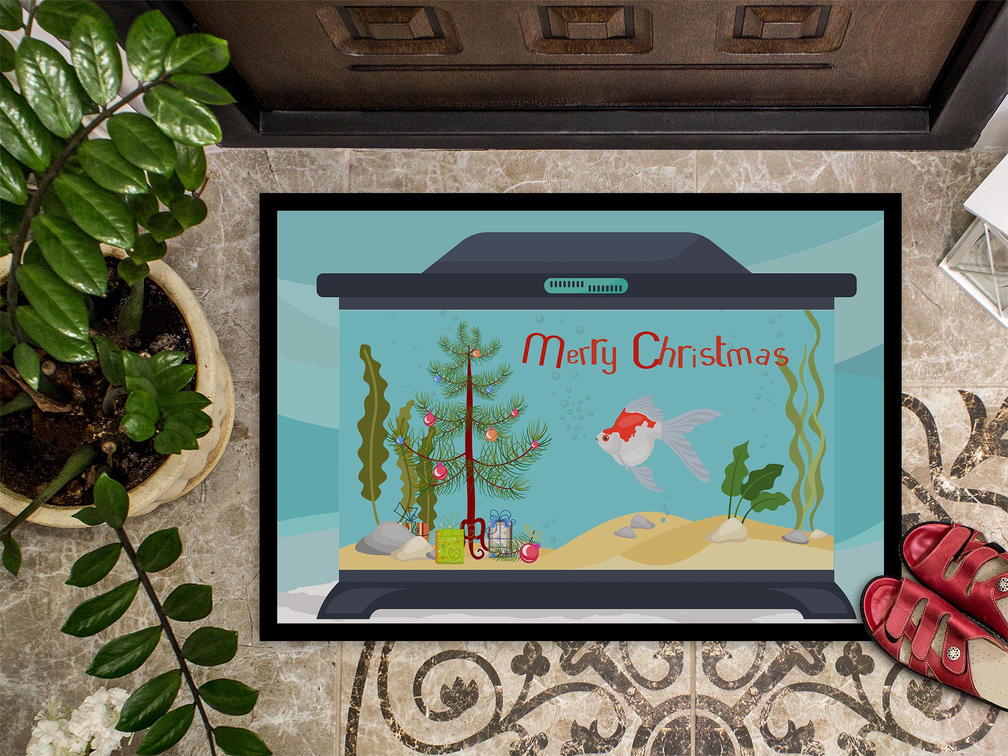 Tamasaba Goldfish Merry Christmas Indoor or Outdoor Mat 18x27 CK4518MAT - the-store.com