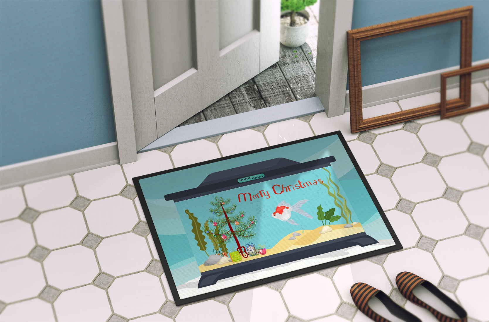 Tamasaba Goldfish Merry Christmas Indoor or Outdoor Mat 18x27 CK4518MAT - the-store.com