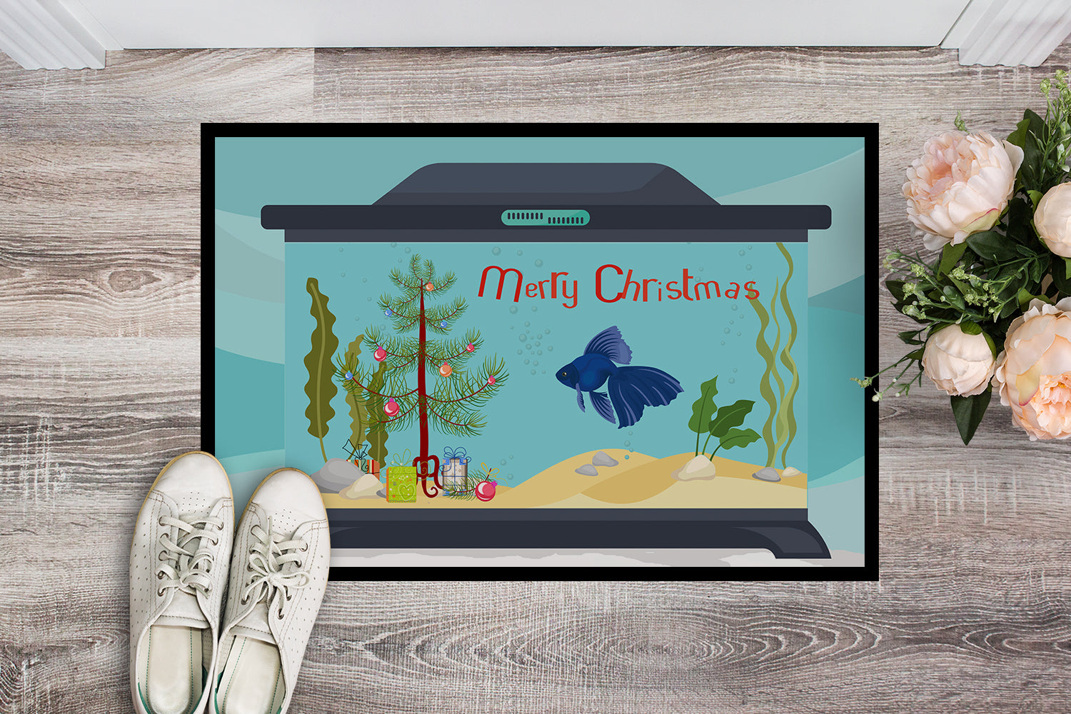 Veiltail Goldfish Merry Christmas Indoor or Outdoor Mat 18x27 CK4520MAT - the-store.com