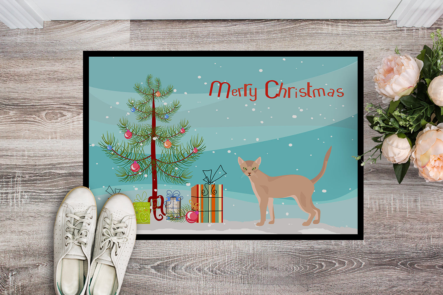 Fawn Abyssinian Cat Merry Christmas Indoor or Outdoor Mat 18x27 CK4546MAT - the-store.com