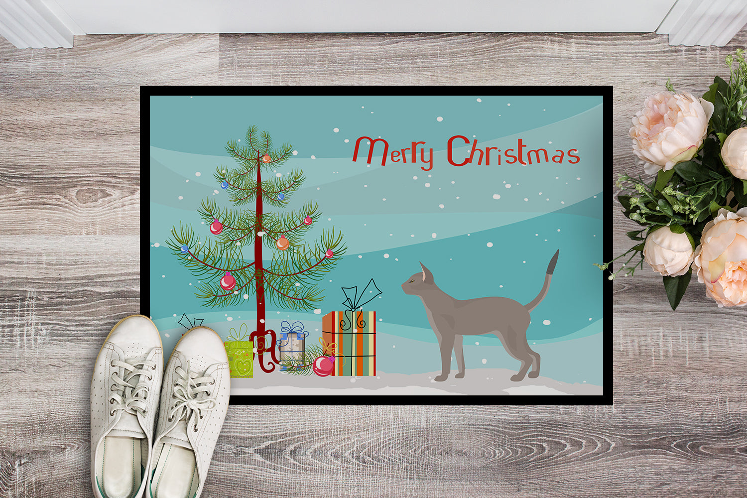 Blue Abyssinian Cat Merry Christmas Indoor or Outdoor Mat 18x27 CK4547MAT - the-store.com