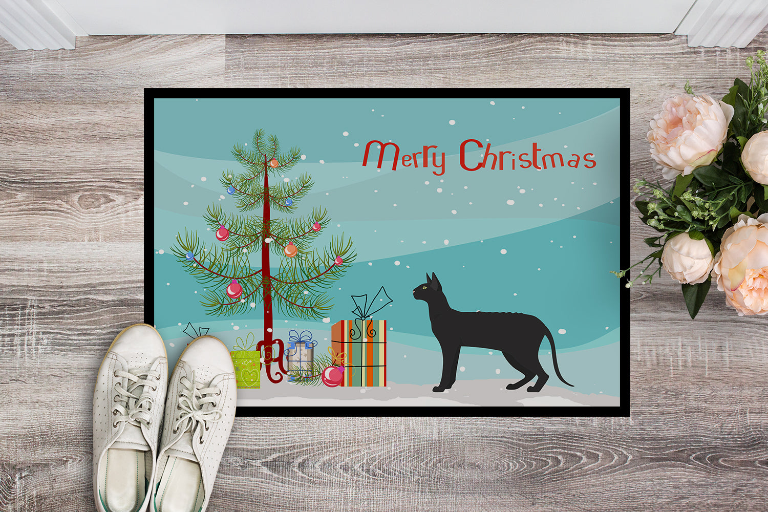 Black Cornish Rex Cat Merry Christmas Indoor or Outdoor Mat 18x27 CK4597MAT - the-store.com