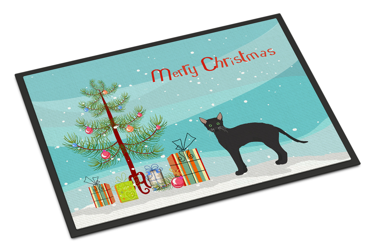 Black German Rex Cat Merry Christmas Indoor or Outdoor Mat 18x27 CK4626MAT - the-store.com