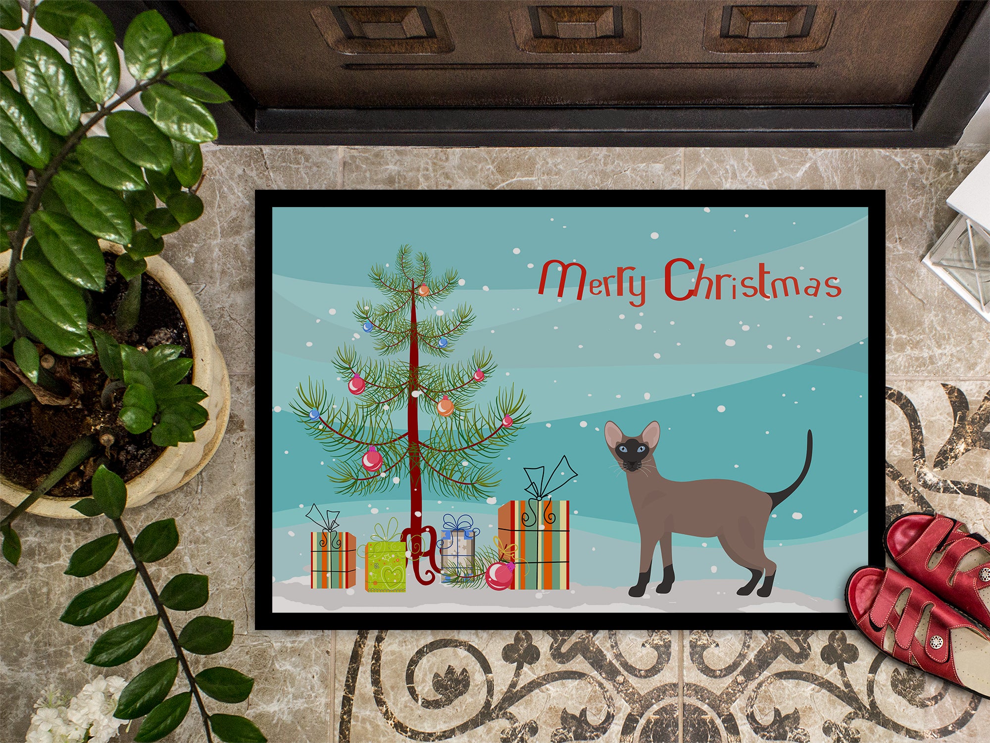 Oriental Bicolor Cat Merry Christmas Indoor or Outdoor Mat 18x27 CK4670MAT - the-store.com