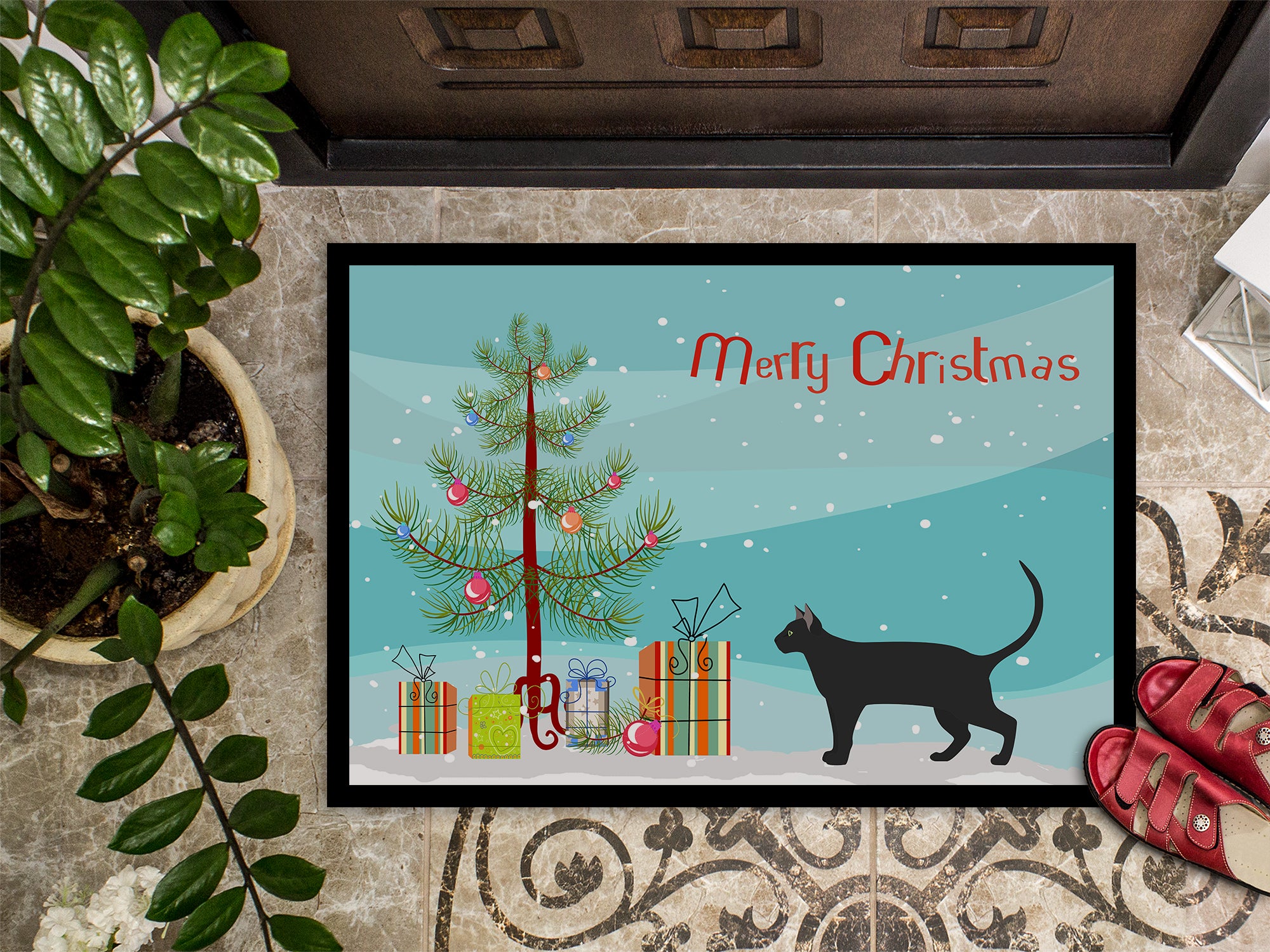 Pantherette Cat Merry Christmas Indoor or Outdoor Mat 18x27 CK4677MAT - the-store.com