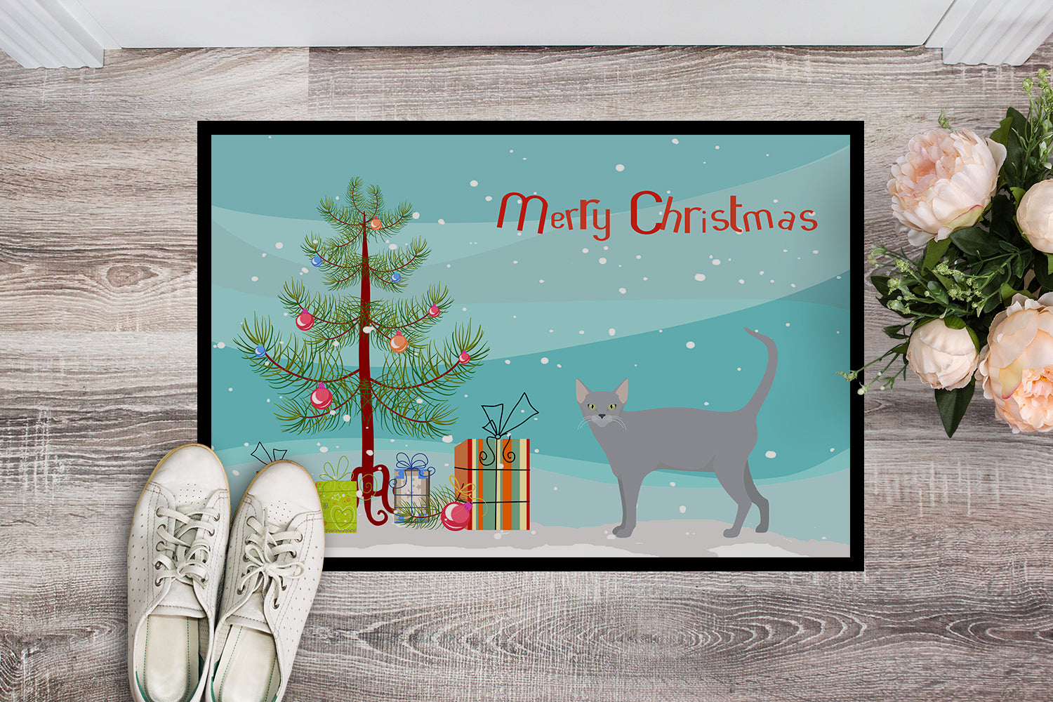 Russian Blue #1 Cat Merry Christmas Indoor or Outdoor Mat 18x27 CK4695MAT - the-store.com