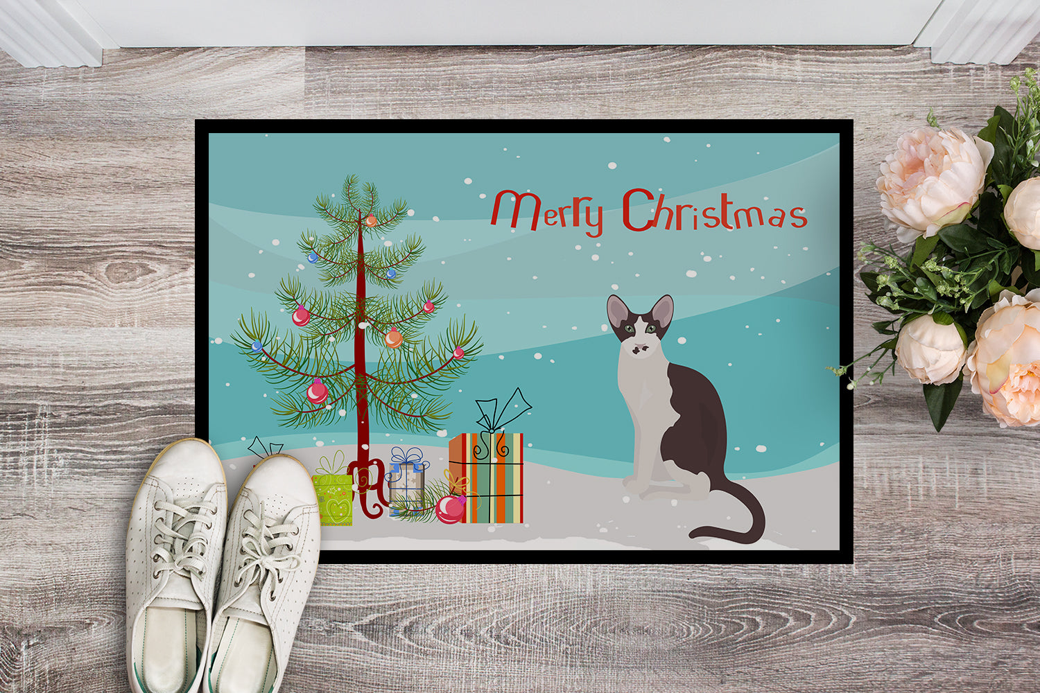 Oriental Bicolor Cat Merry Christmas Indoor or Outdoor Mat 18x27 CK4782MAT - the-store.com