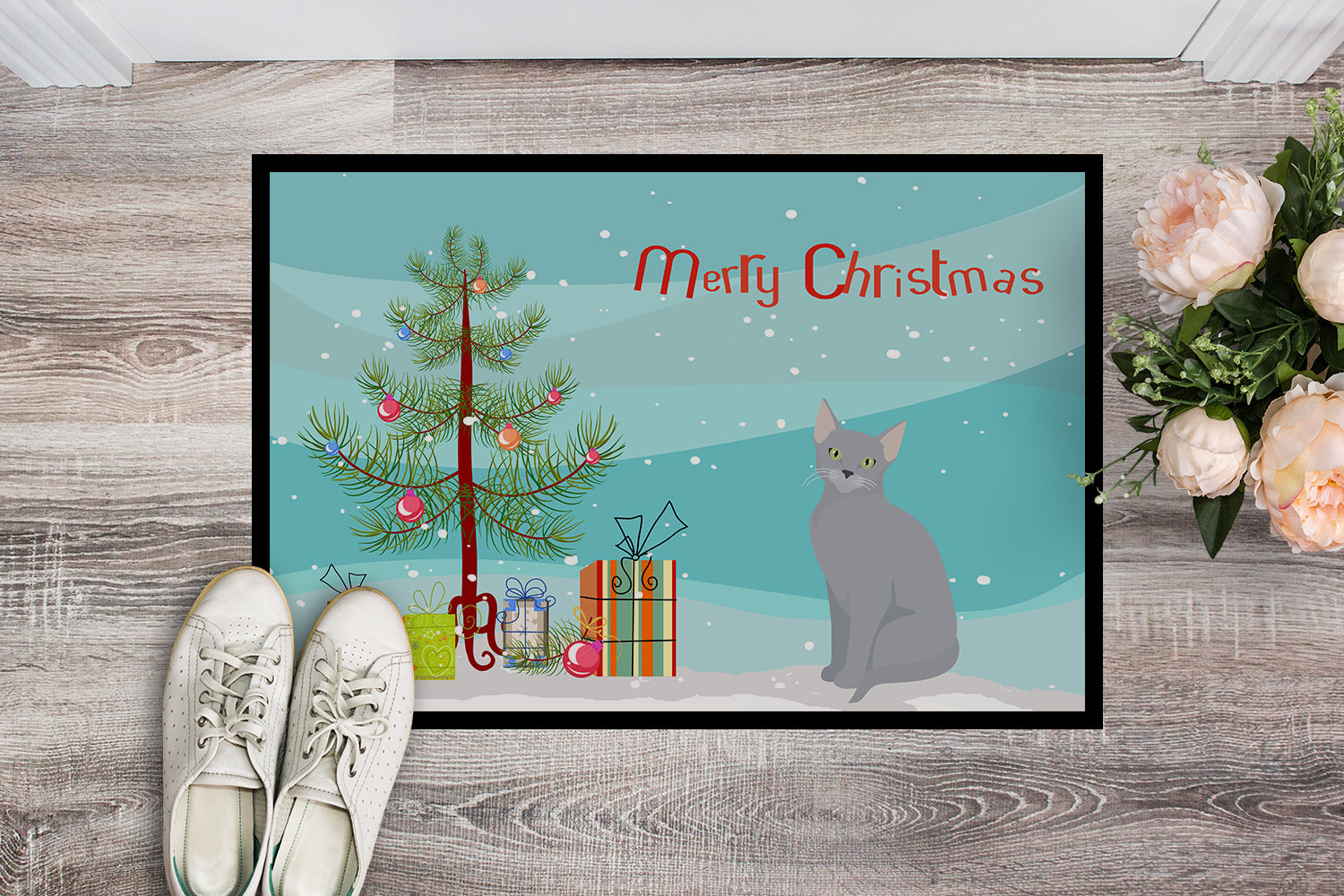 Russian Blue Cat Merry Christmas Indoor or Outdoor Mat 18x27 CK4788MAT - the-store.com