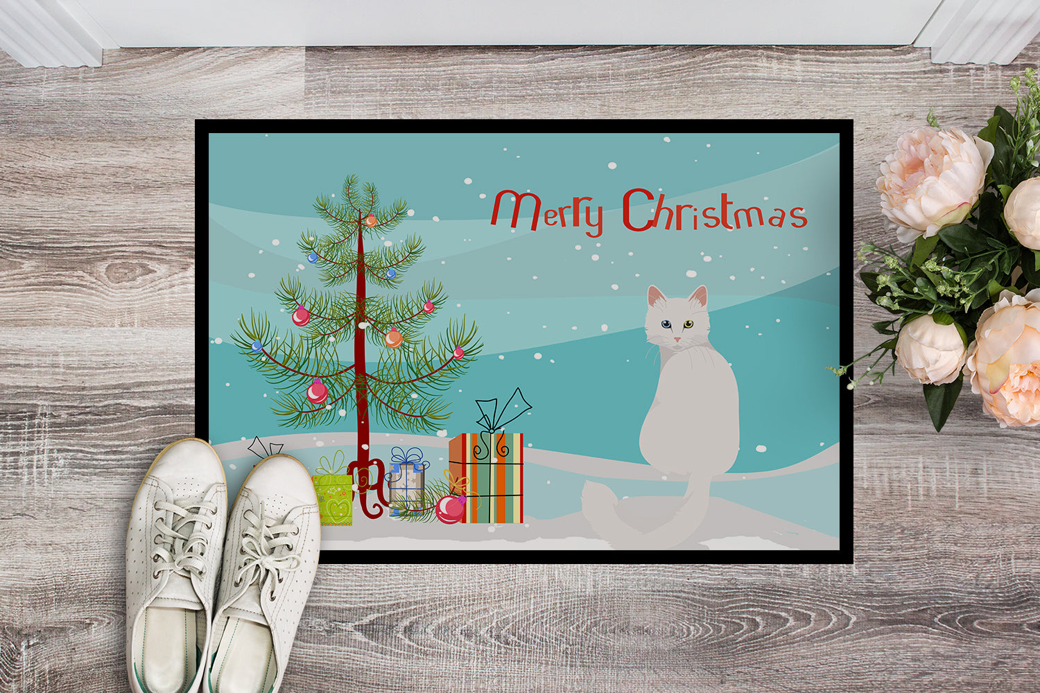 Turkish Angora Cat Merry Christmas Indoor or Outdoor Mat 18x27 CK4807MAT - the-store.com