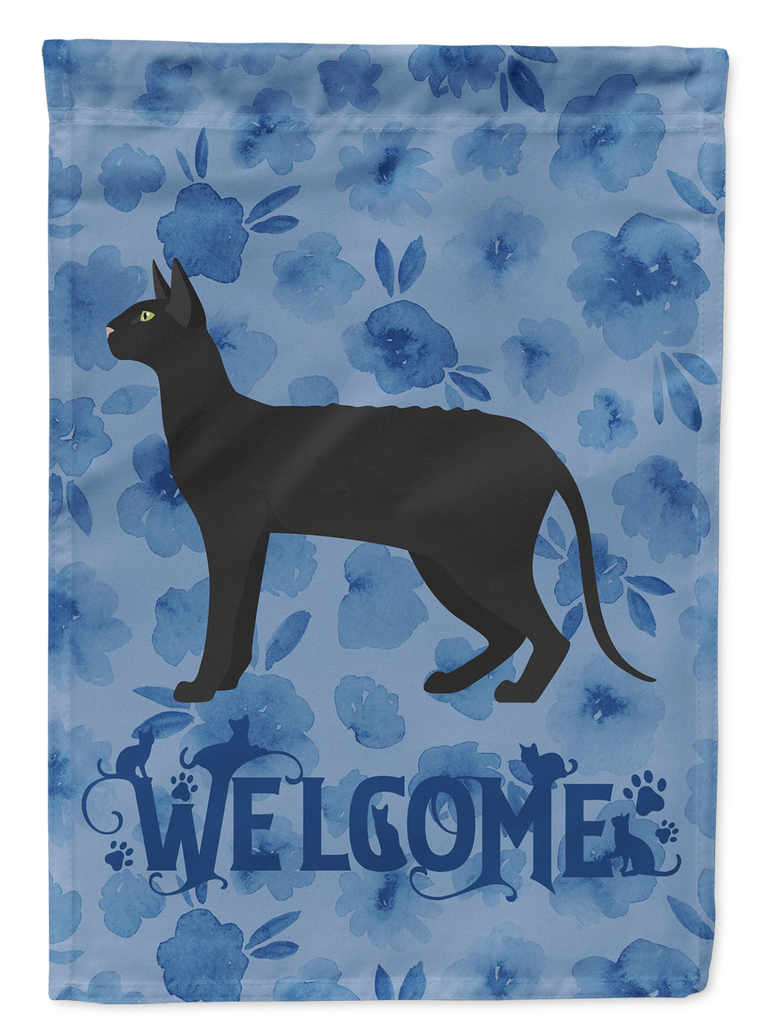 Black Cornish Rex Cat Welcome Flag Canvas House Size CK4863CHF  the-store.com.