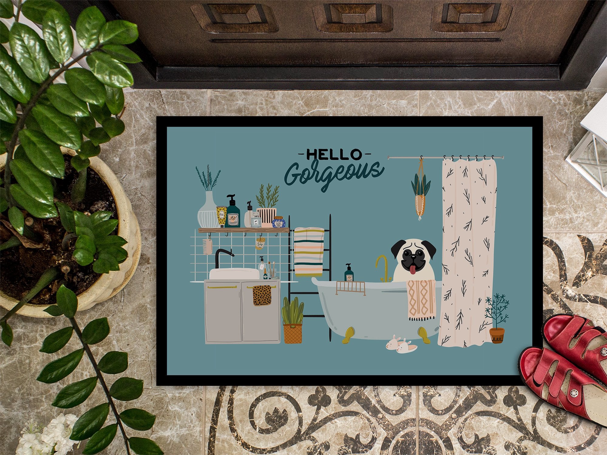 Cream Pug in Bathtub Indoor or Outdoor Mat 24x36 CK7426JMAT by Caroline's Treasures