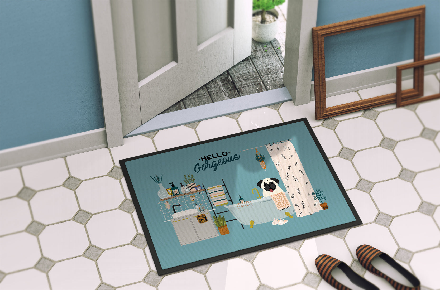 Cream Pug in Bathtub Indoor or Outdoor Mat 18x27 CK7426MAT - the-store.com