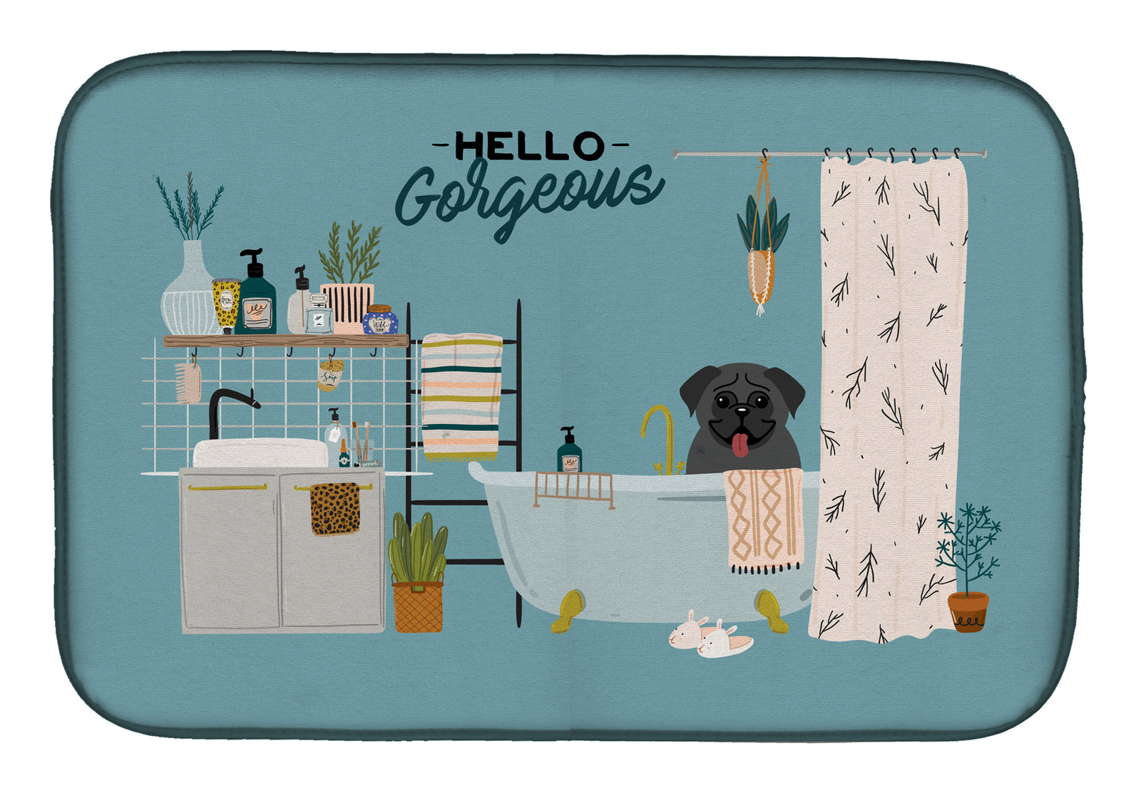 Black Pug in Bathtub Dish Drying Mat CK7428DDM  the-store.com.