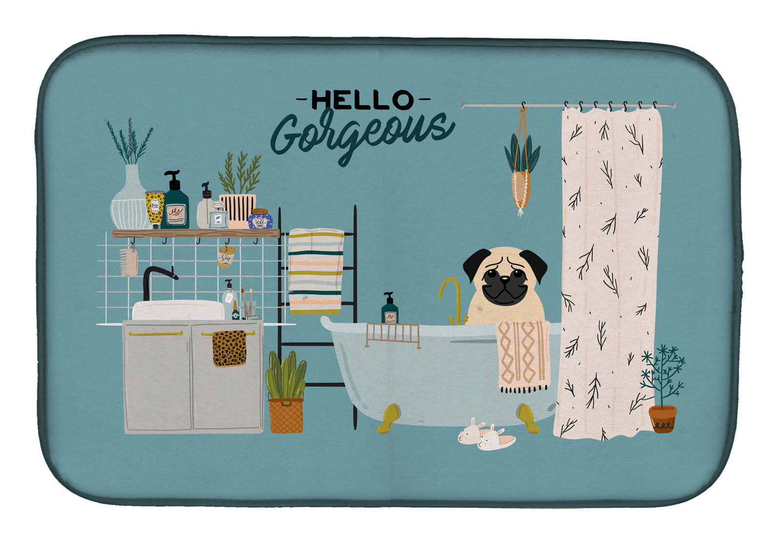 Fawn Pug in Bathtub Dish Drying Mat CK7430DDM  the-store.com.