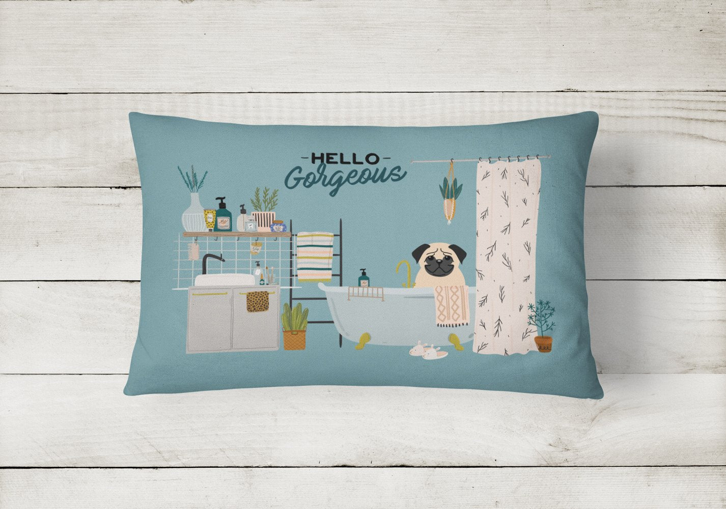 Fawn Pug in Bathtub Canvas Fabric Decorative Pillow CK7430PW1216 by Caroline's Treasures