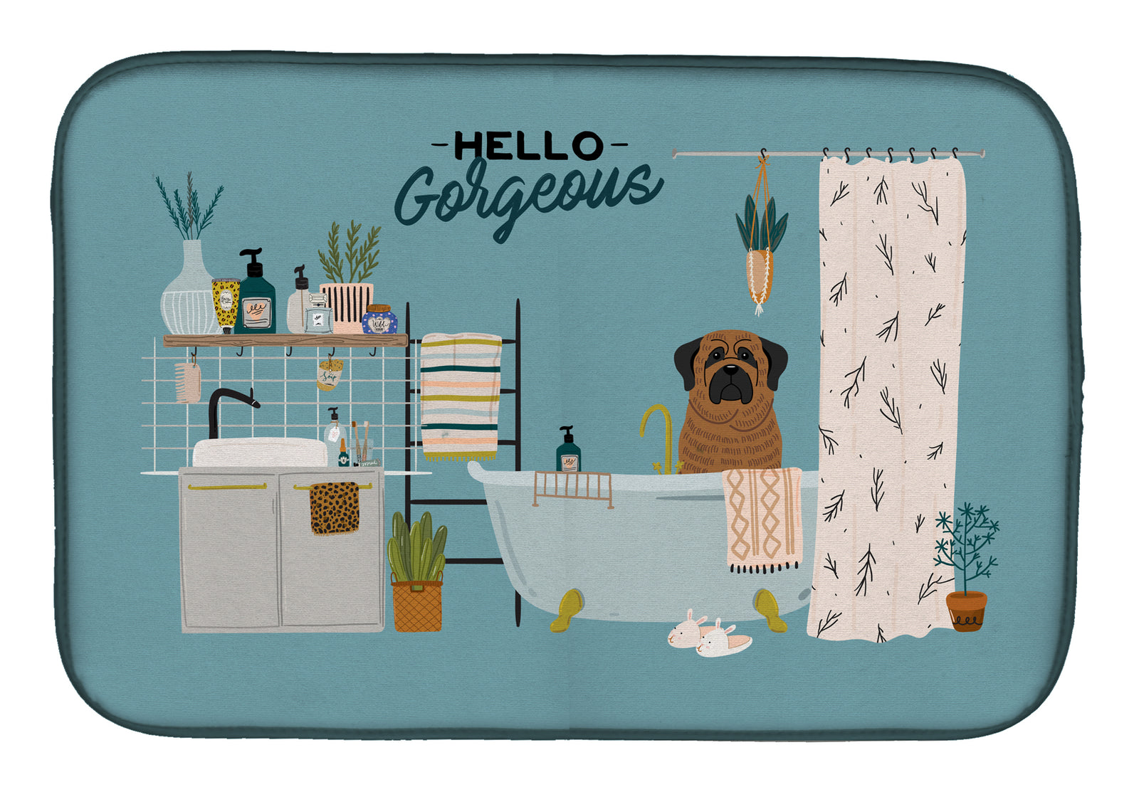 Brindle Mastiff in Bathtub Dish Drying Mat CK7437DDM  the-store.com.