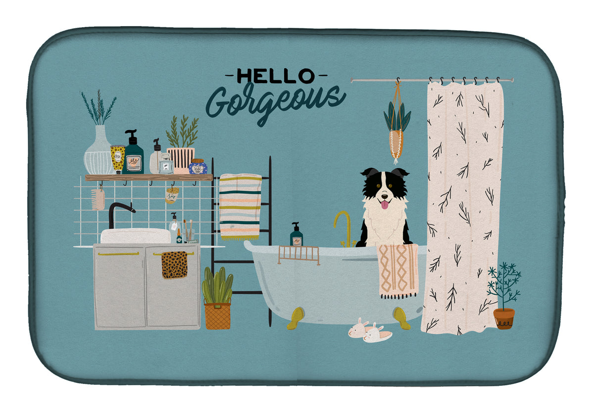 Black White Border Collie in Bathtub Dish Drying Mat CK7540DDM  the-store.com.