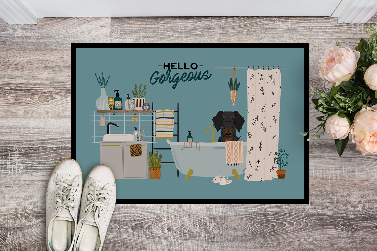 Black Tan Wire Haired Dachshund in Bathtub Indoor or Outdoor Mat 24x36 CK7549JMAT by Caroline's Treasures