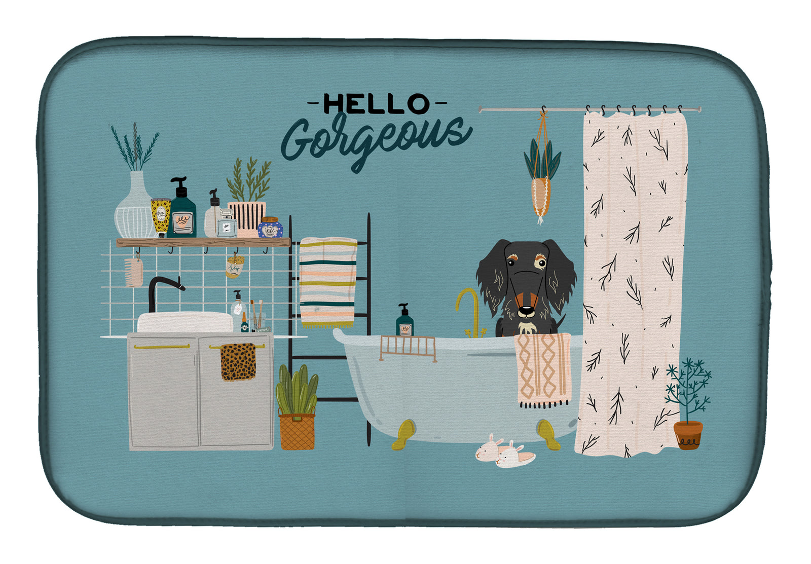 Dapple Wire Haired Dachshund in Bathtub Dish Drying Mat CK7550DDM  the-store.com.