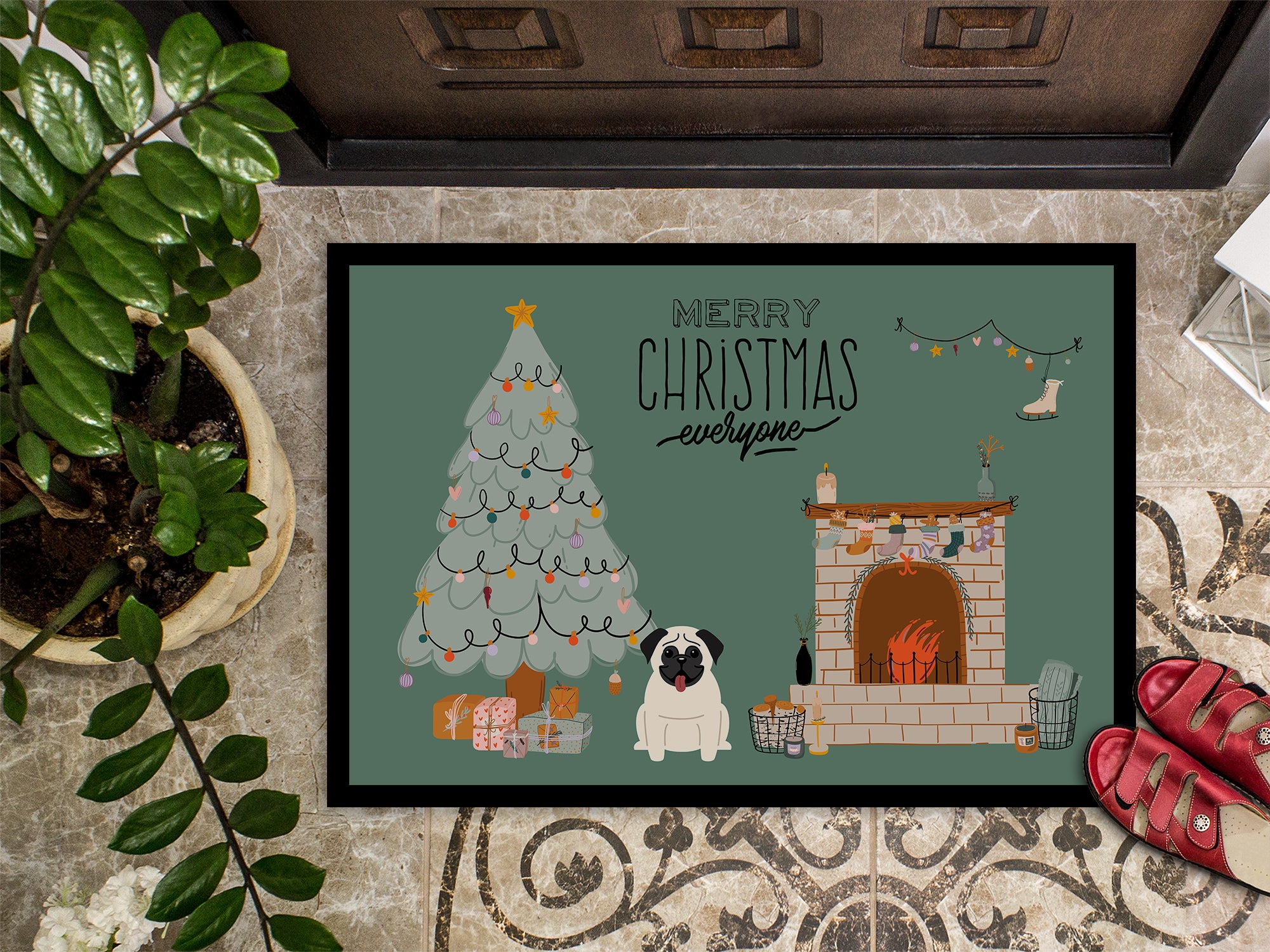 Cream Pug Christmas Everyone Indoor or Outdoor Mat 18x27 CK7567MAT - the-store.com