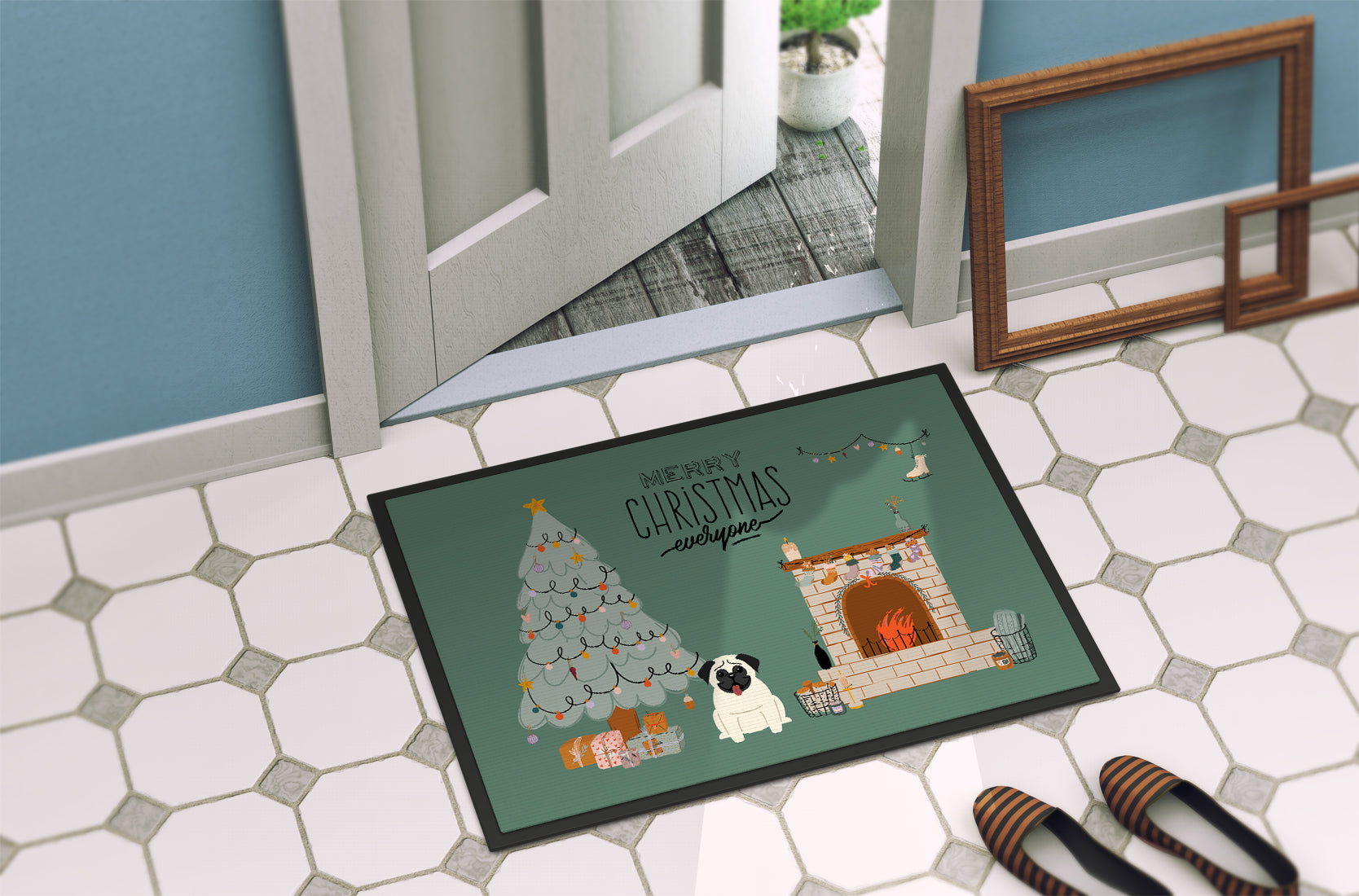 Cream Pug Christmas Everyone Indoor or Outdoor Mat 18x27 CK7567MAT - the-store.com