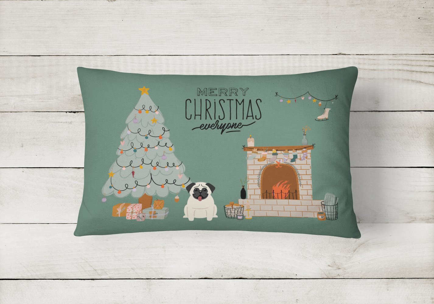 Cream Pug Christmas Everyone Canvas Fabric Decorative Pillow CK7567PW1216 by Caroline's Treasures