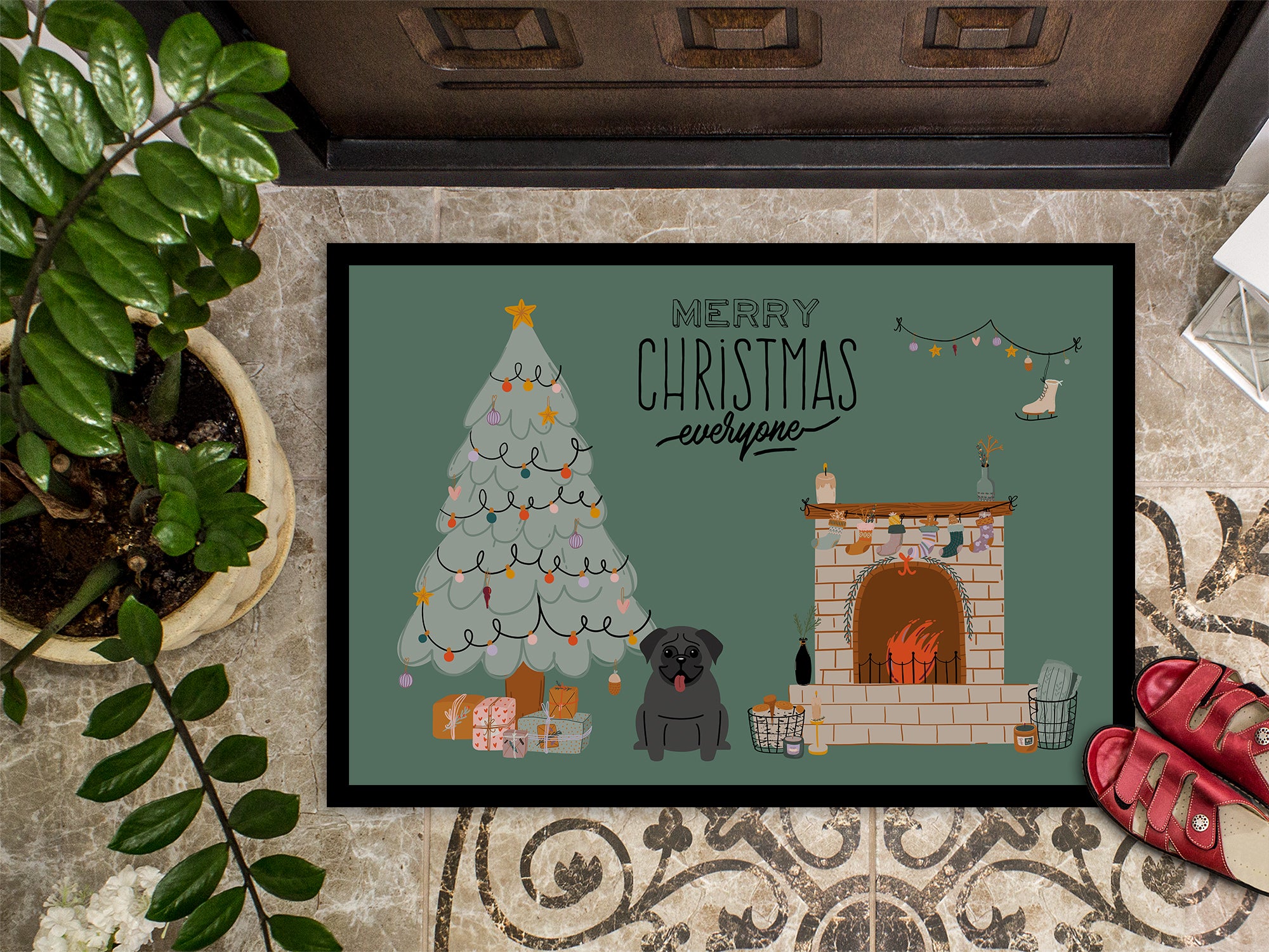 Black Pug Christmas Everyone Indoor or Outdoor Mat 18x27 CK7569MAT - the-store.com