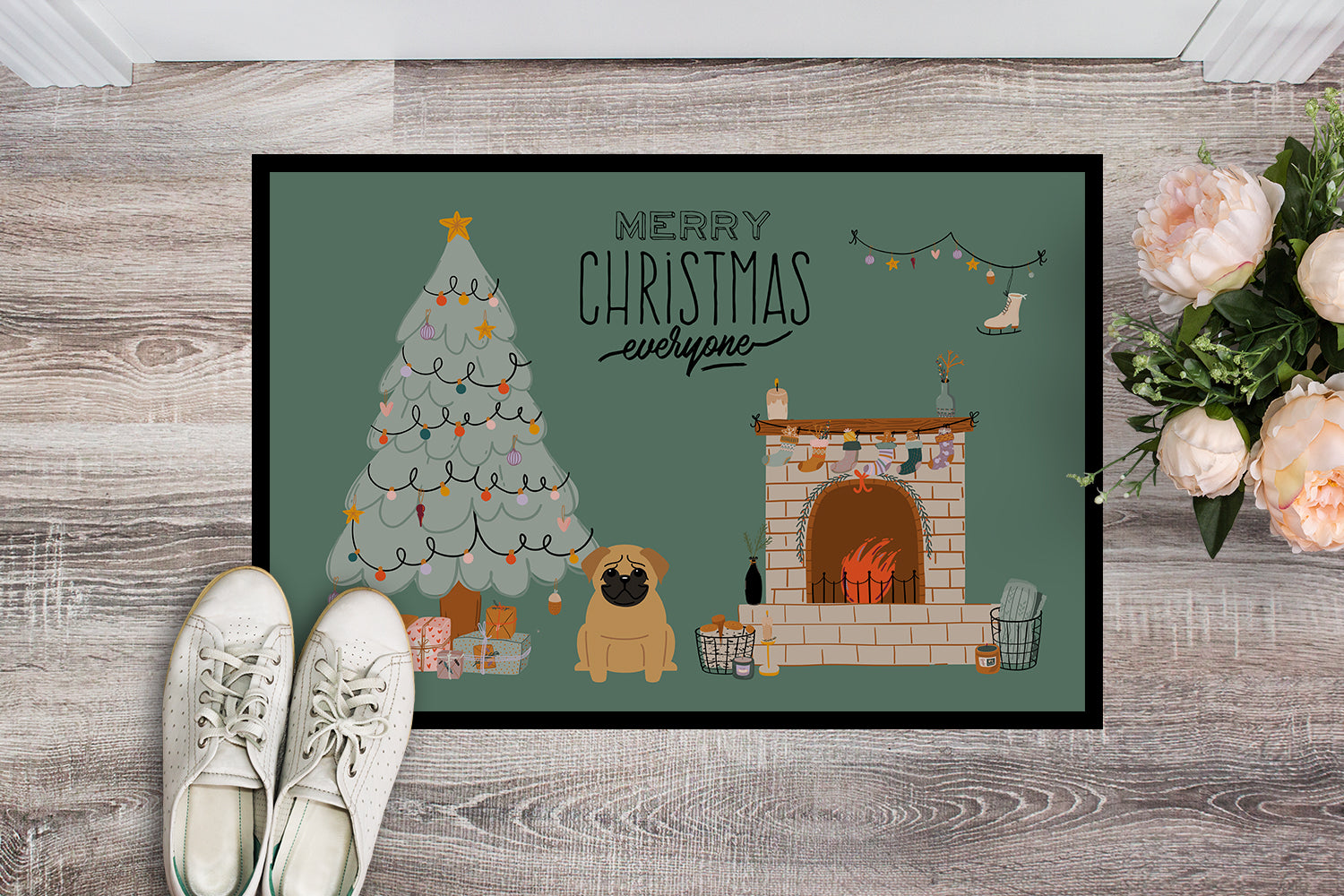 Brown Pug Christmas Everyone Indoor or Outdoor Mat 18x27 CK7570MAT - the-store.com