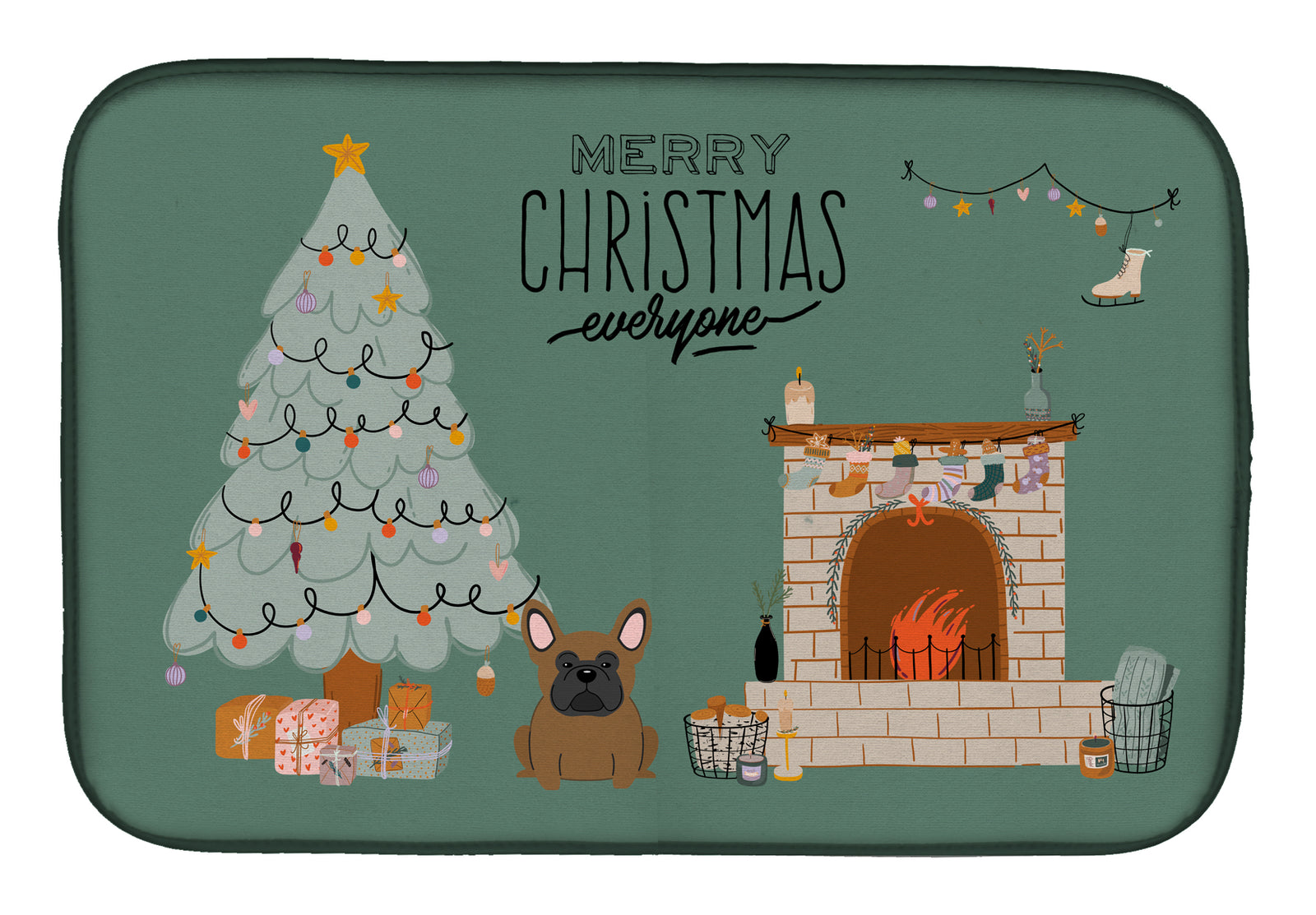 Brown French Bulldog Christmas Everyone Dish Drying Mat CK7576DDM  the-store.com.