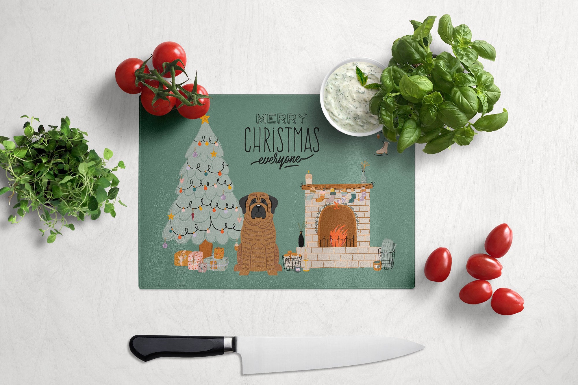 Brindle Mastiff Christmas Everyone Glass Cutting Board Large CK7578LCB by Caroline's Treasures