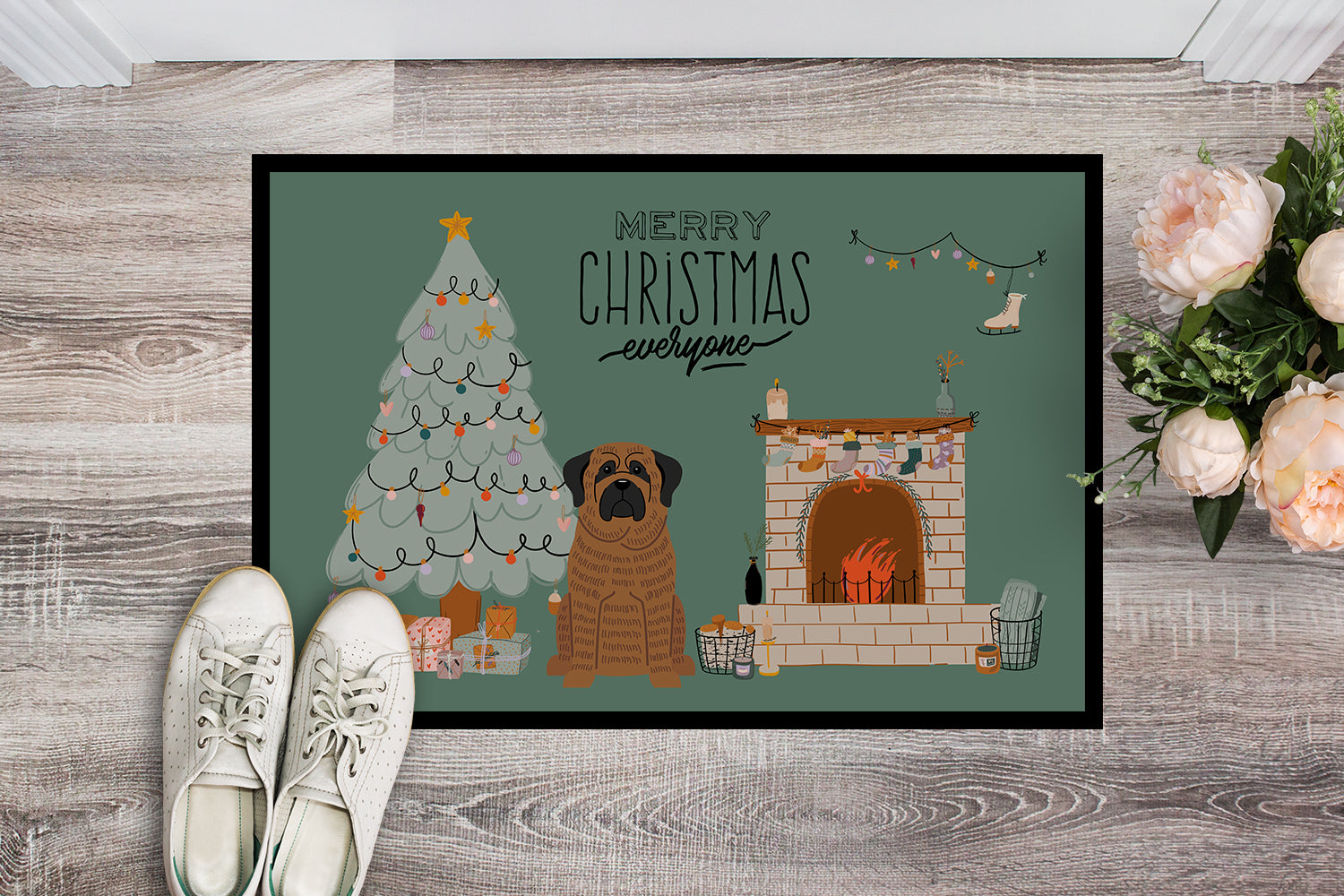 Brindle Mastiff Christmas Everyone Indoor or Outdoor Mat 18x27 CK7578MAT - the-store.com