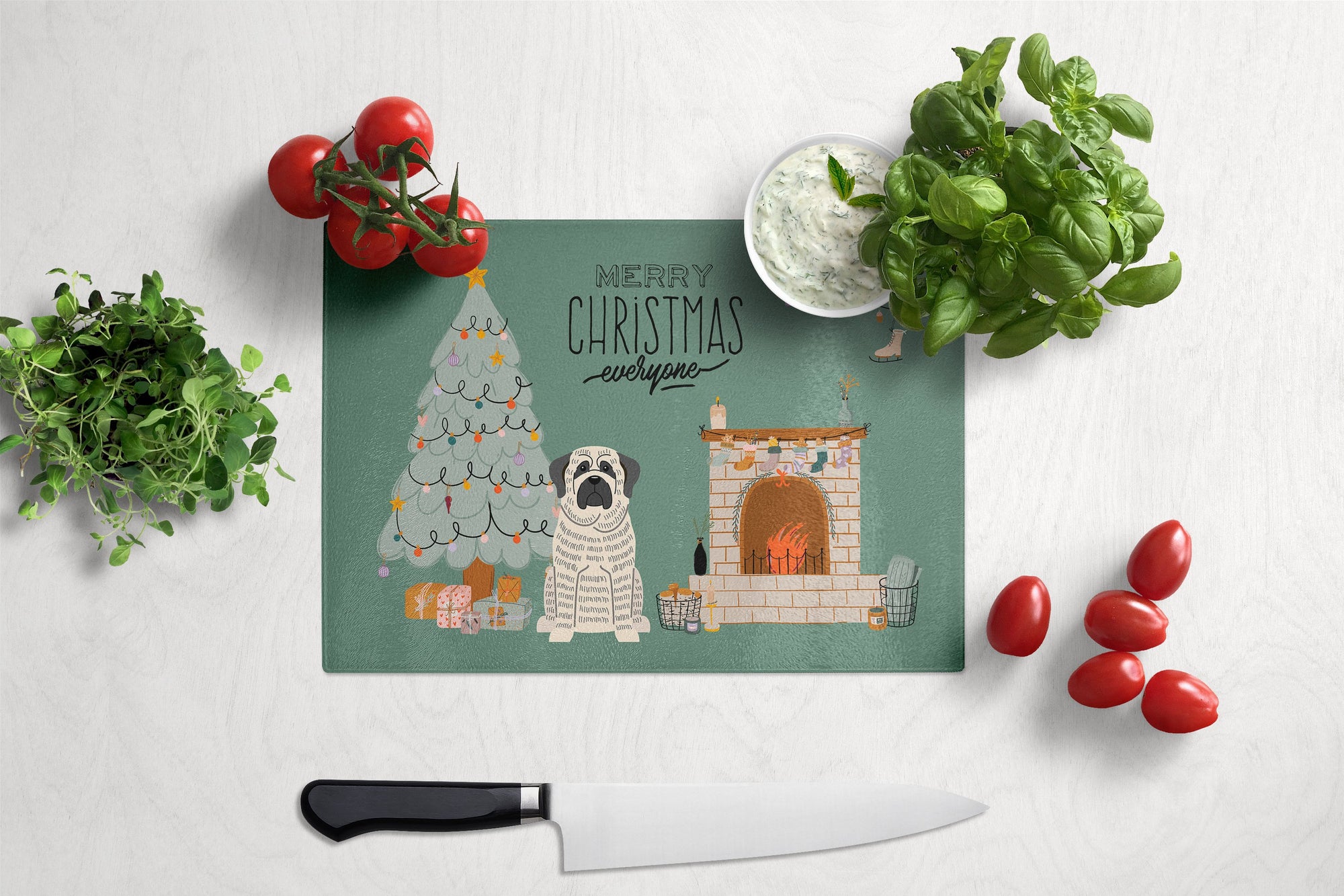 White Mastiff Brindle Christmas Everyone Glass Cutting Board Large CK7579LCB by Caroline's Treasures