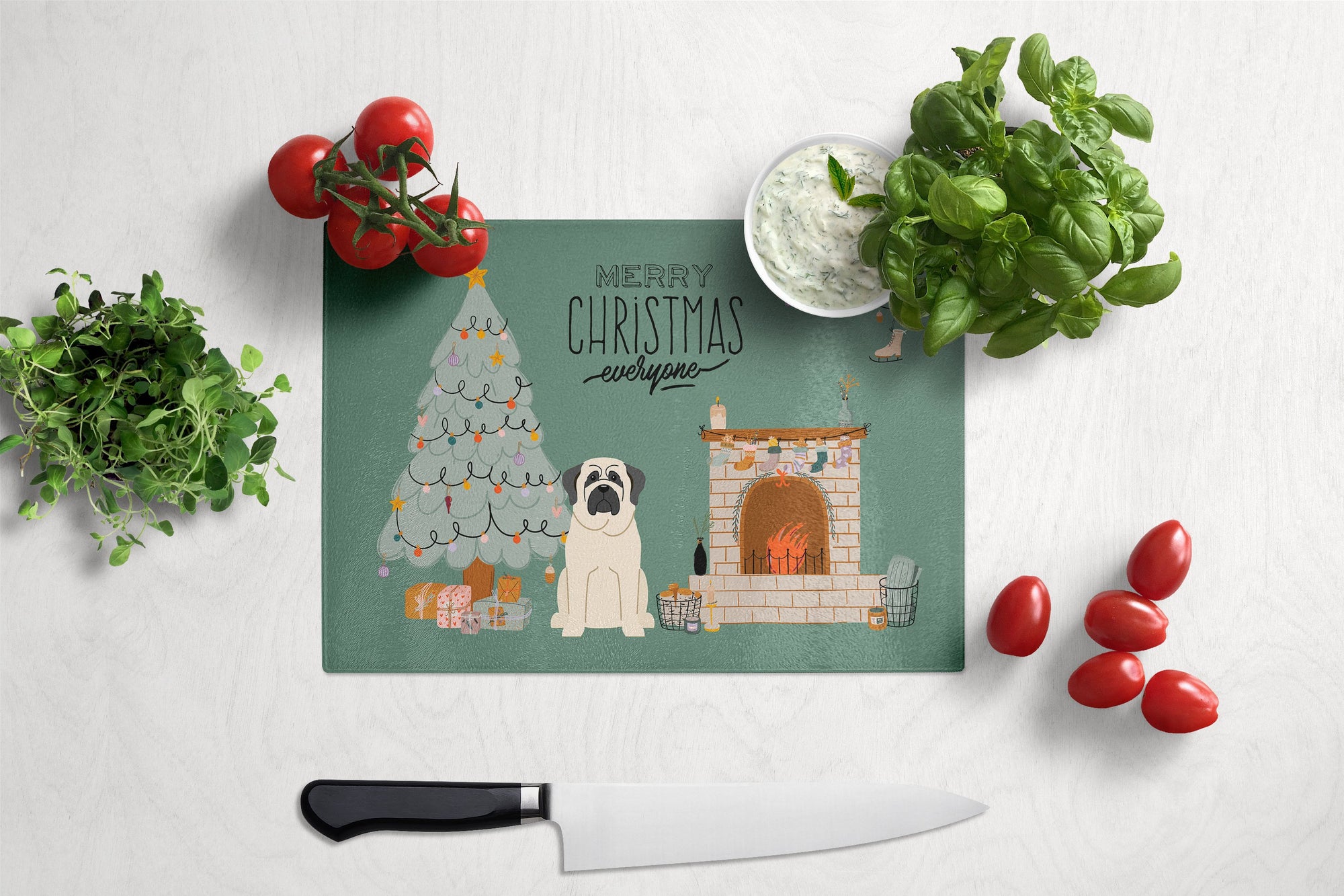 White Mastiff Christmas Everyone Glass Cutting Board Large CK7580LCB by Caroline's Treasures