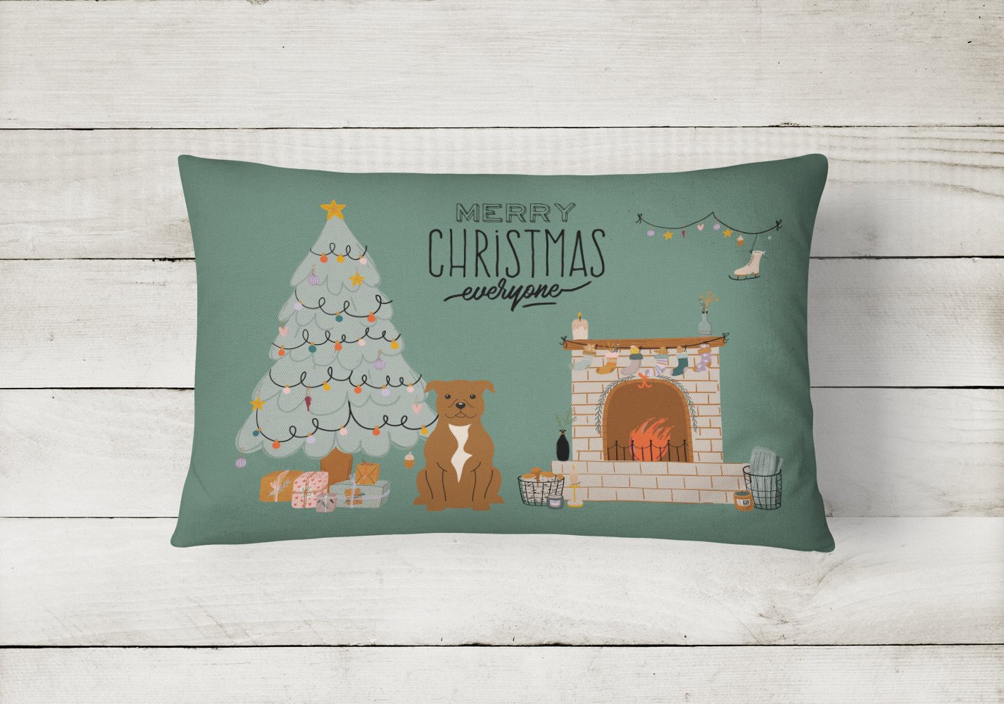 Brown Staffordshire Bull Terrier Christmas Everyone Canvas Fabric Decorative Pillow CK7610PW1216 by Caroline's Treasures