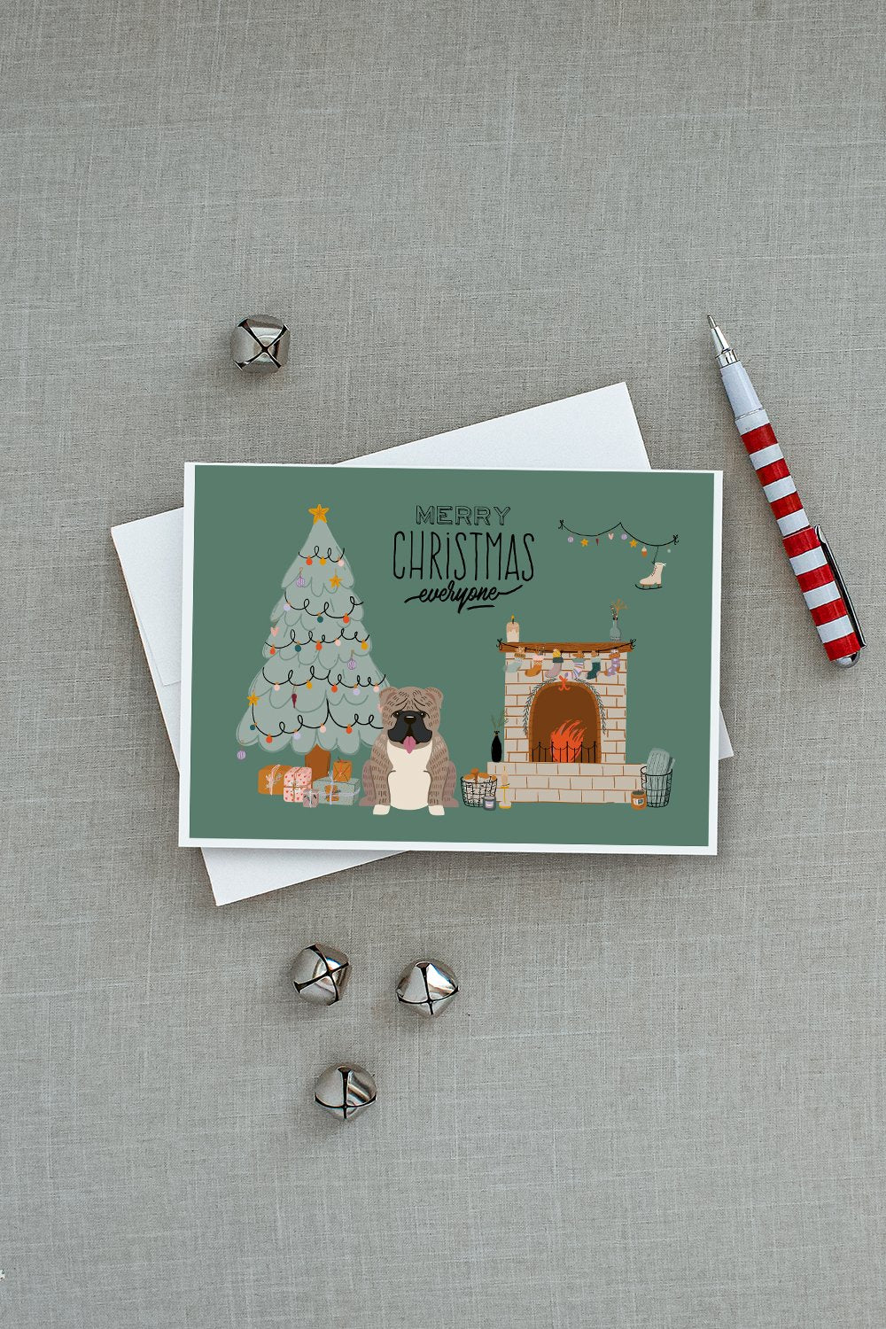 Grey Brindle English Bulldog Christmas Everyone Greeting Cards and Envelopes Pack of 8 - the-store.com